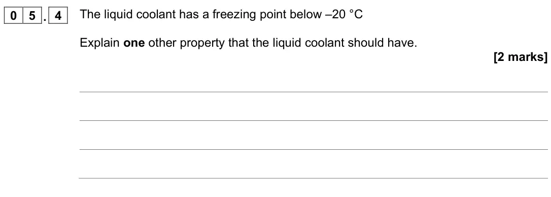 November 2020 Physics Paper 1 Higher, question 05.4: The liquid coolant has a freezing point below –20 °C Explain one other property that the liquid coolant should have. [2 marks]