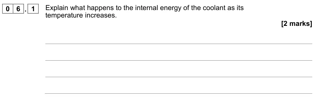 November 2021 Physics Paper 1 Higher, question 06.1: Explain what happens to the internal energy of the coolant as its temperature increases. [2 marks]