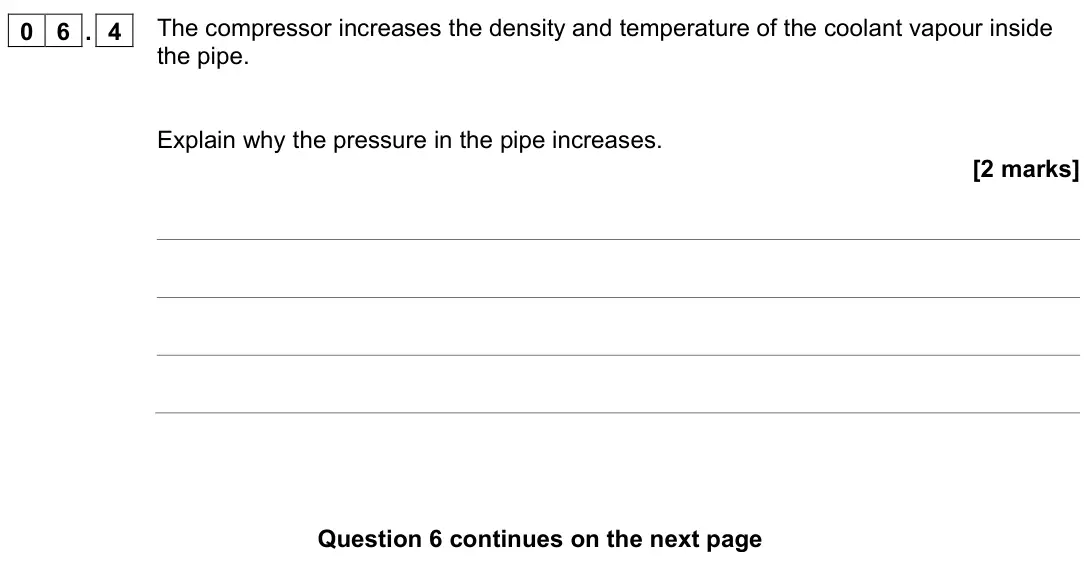 November 2021 Physics Paper 1 Higher, question 06.4: The compressor increases the density and temperature of the coolant vapour inside the pipe. Explain why the pressure in the pipe increases. [2 marks]