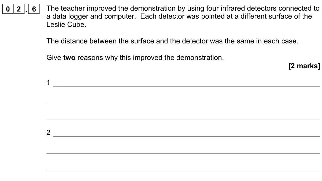 June 2022 Physics Paper 2 Foundation, question 02.6: The teacher improved the demonstration by using four infrared detectors connected to a data logger and computer. Each detector was pointed at a different surfac