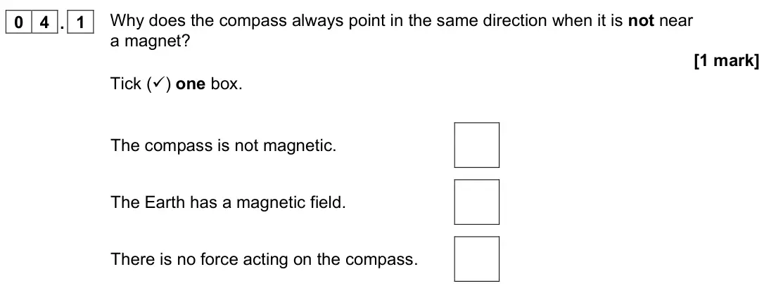 June 2022 Physics Paper 2 Foundation, question 04.1: Why does the compass always point in the same direction when it is not near a magnet? [1 mark] Tick () one box. The compass is not magnetic. The Earth has a ma
