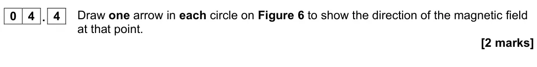 June 2022 Physics Paper 2 Foundation, question 04.4: Draw one arrow in each circle on Figure 6 to show the direction of the magnetic field at that point. [2 marks]