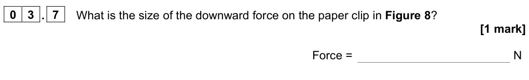 June 2023 Physics Paper 2 Foundation, question 03.7: What is the size of the downward force on the paper clip in Figure 8? [1 mark] Force = N