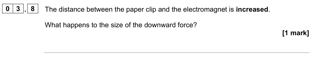 June 2023 Physics Paper 2 Foundation, question 03.8: The distance between the paper clip and the electromagnet is increased. What happens to the size of the downward force? [1 mark]