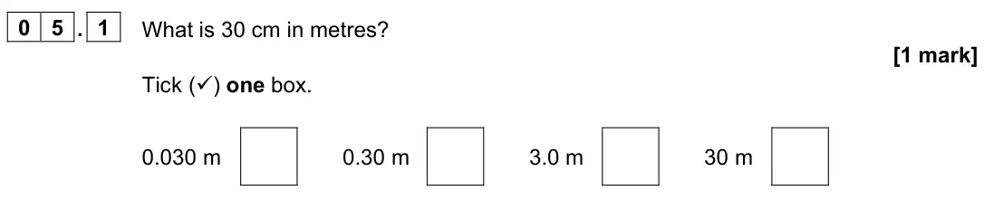 June 2023 Physics Paper 2 Foundation, question 05.1: What is 30 cm in metres? [1 mark] Tick () one box. 0.030 m 0.30 m 3.0 m 30 m