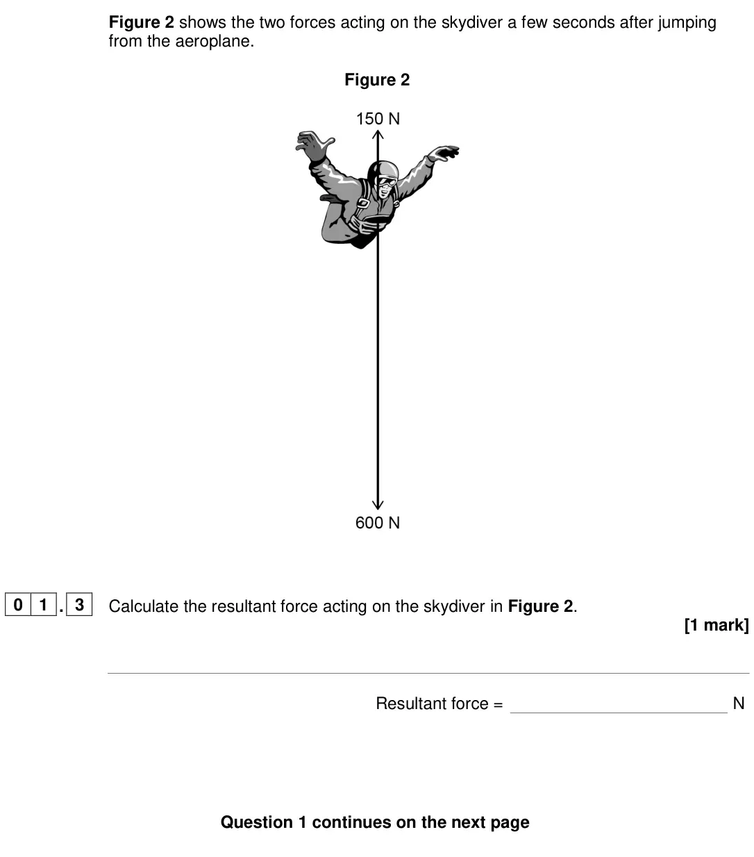 June 2024 Physics Paper 2 Foundation, question 01.3: Calculate the resultant force acting on the skydiver in Figure 2. [1 mark] Resultant force = N
