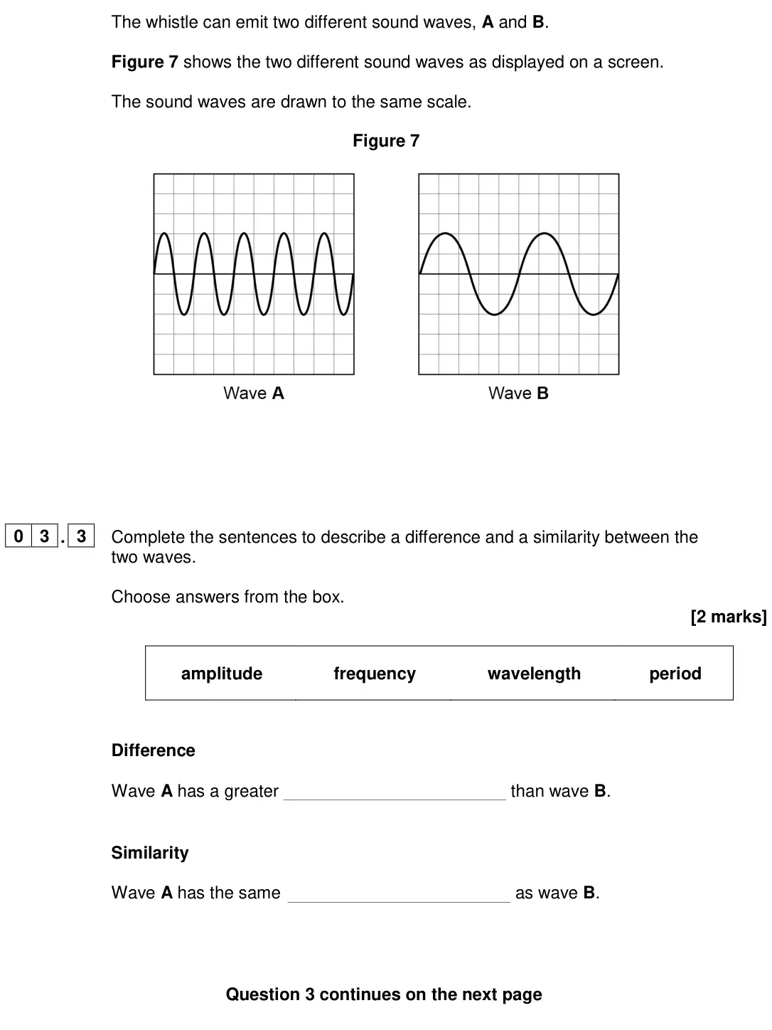 June 2024 Physics Paper 2 Foundation, question 03.3: Complete the sentences to describe a difference and a similarity between the two waves. Choose answers from the box. [2 marks] amplitude frequency wavelength pe