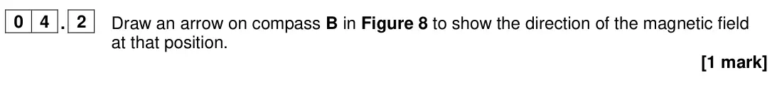 June 2024 Physics Paper 2 Foundation, question 04.2: Draw an arrow on compass B in Figure 8 to show the direction of the magnetic field at that position. [1 mark]