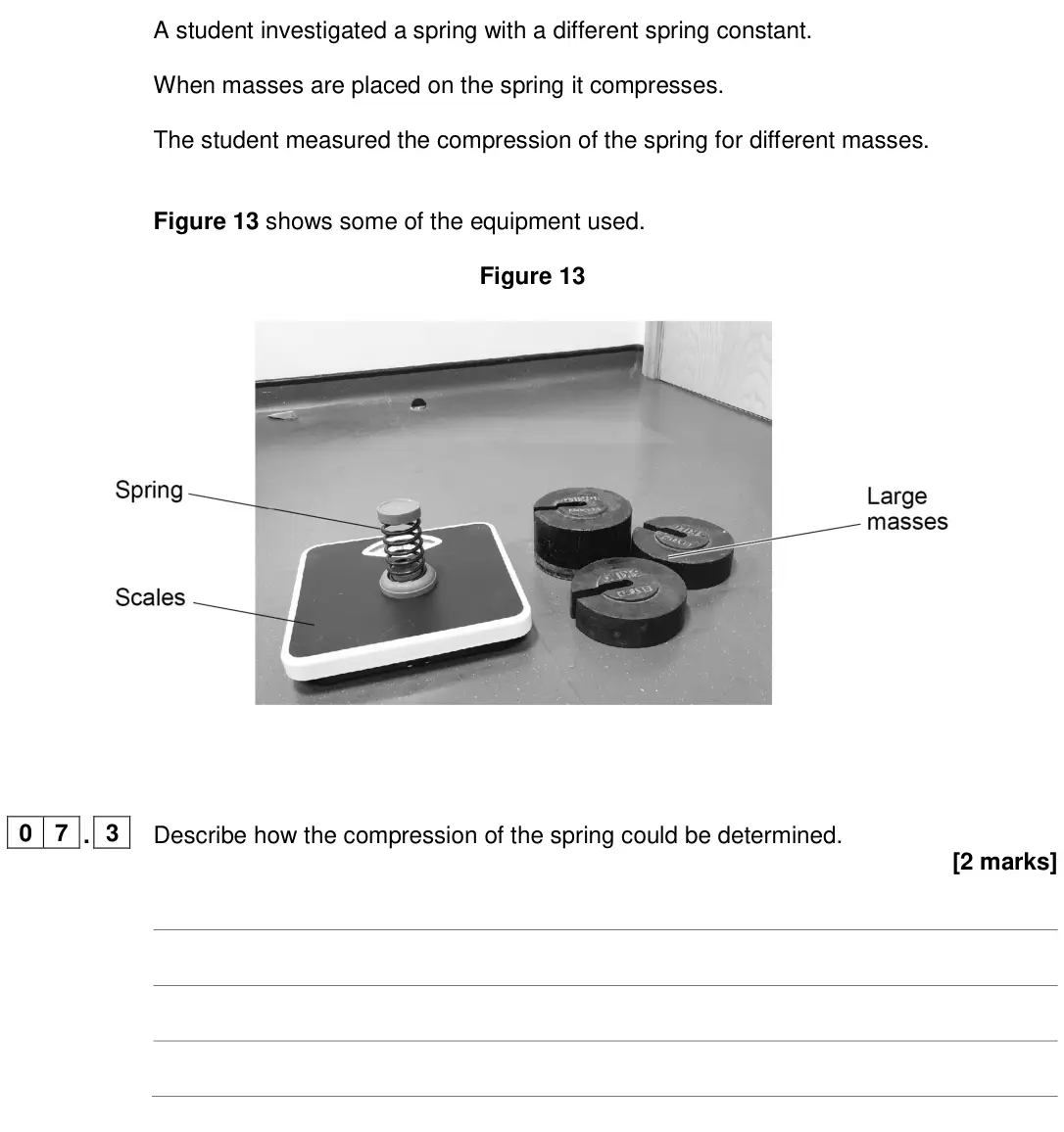 June 2024 Physics Paper 2 Foundation, question 07.3: Describe how the compression of the spring could be determined. [2 marks]