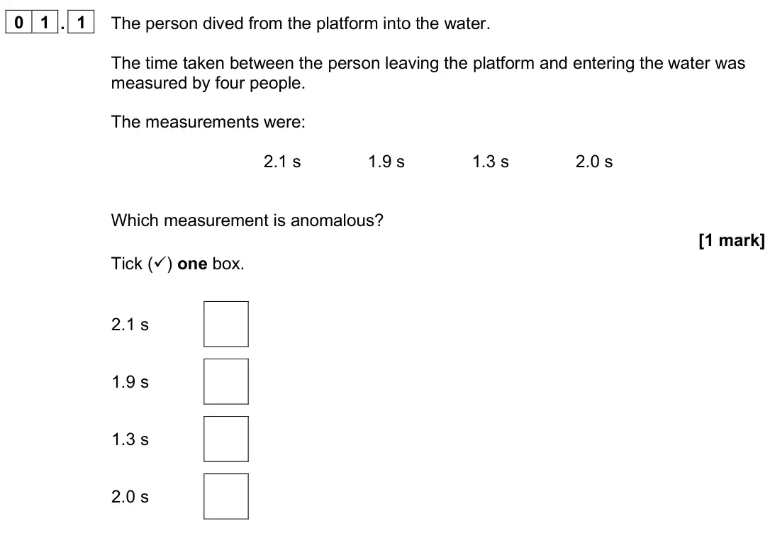 June 2025 Physics Paper 2 Foundation, question 01.1: The person dived from the platform into the water. The time taken between the person leaving the platform and entering the water was measured by four people. Th