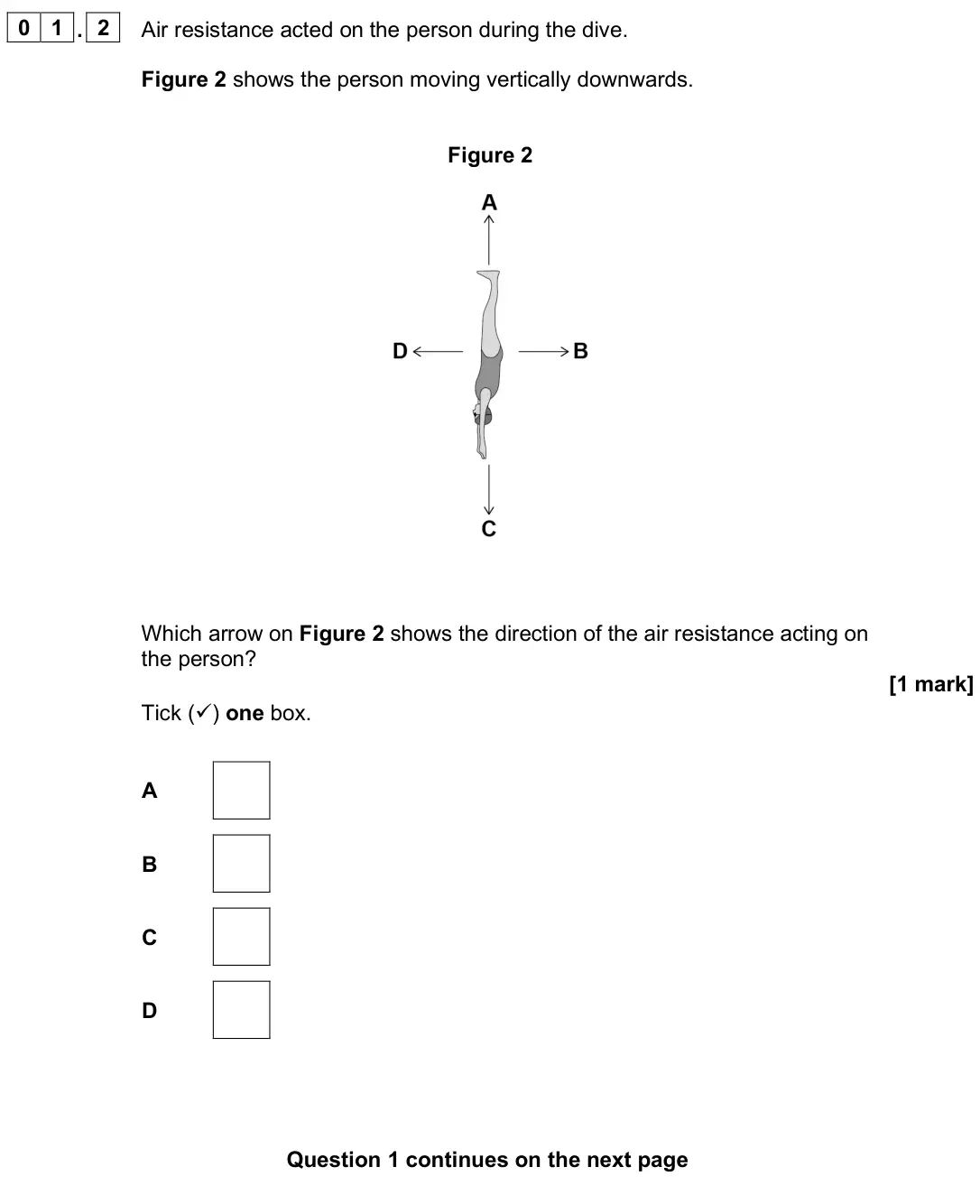 June 2025 Physics Paper 2 Foundation, question 01.2: Air resistance acted on the person during the dive. Figure 2 shows the person moving vertically downwards. Figure 2 Which arrow on Figure 2 shows the direction 