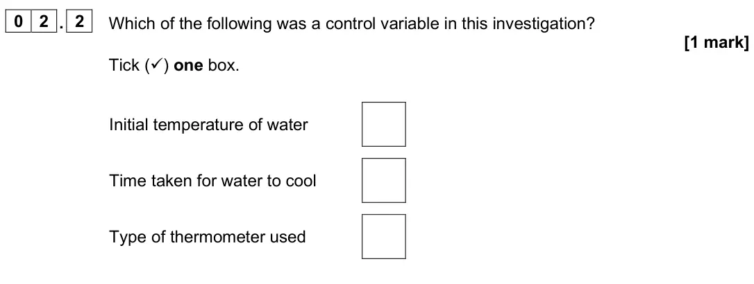 June 2025 Physics Paper 2 Foundation, question 02.2: Which of the following was a control variable in this investigation? [1 mark] Tick () one box. Initial temperature of water Time taken for water to cool Type o