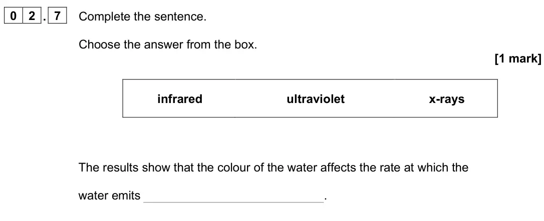 June 2025 Physics Paper 2 Foundation, question 02.7: Complete the sentence. Choose the answer from the box. [1 mark] infrared ultraviolet x-rays The results show that the colour of the water affects the rate at wh