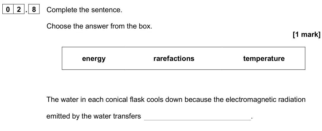 June 2025 Physics Paper 2 Foundation, question 02.8: Complete the sentence. Choose the answer from the box. [1 mark] energy rarefactions temperature The water in each conical flask cools down because the electroma