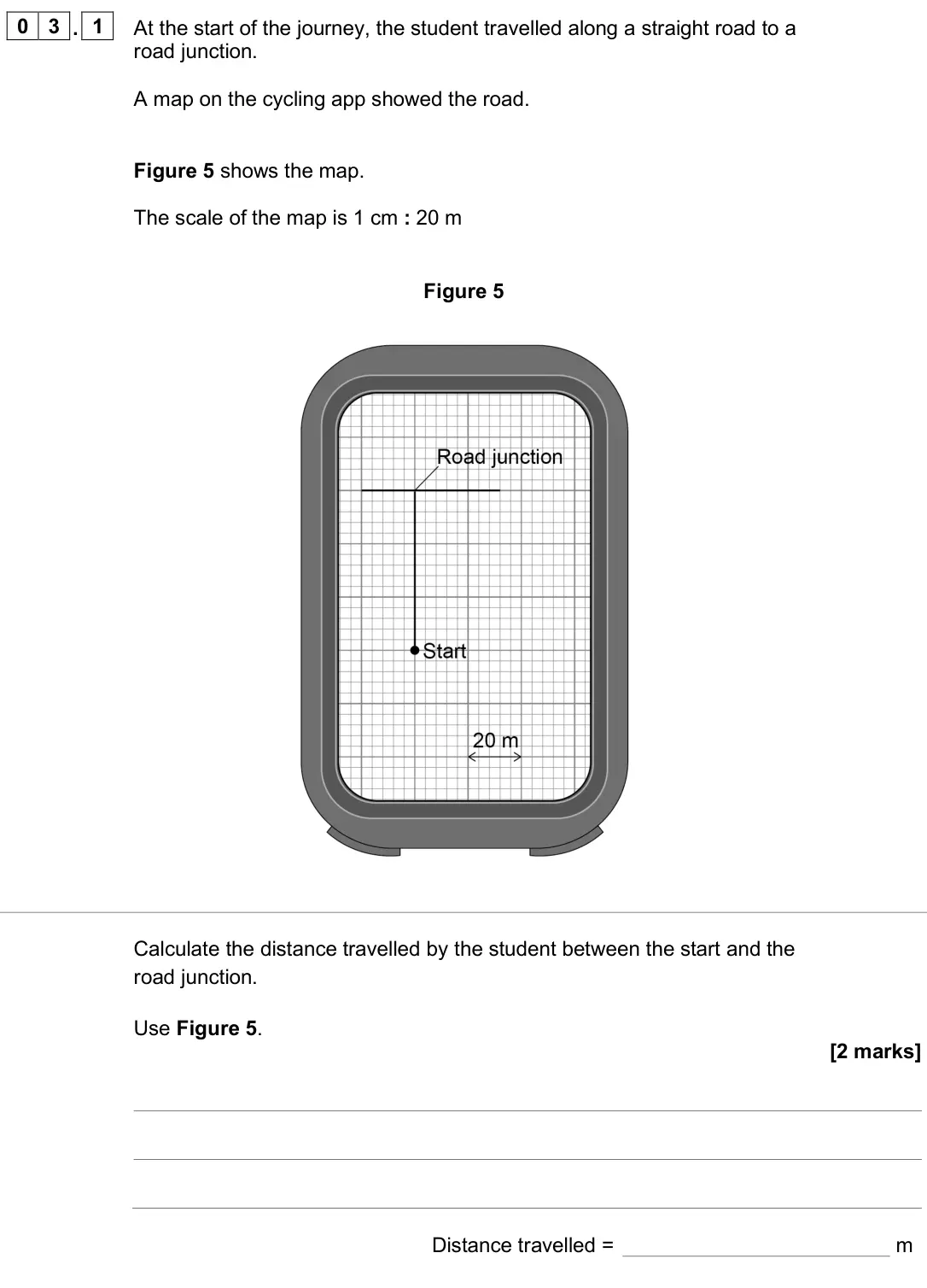 June 2025 Physics Paper 2 Foundation, question 03.1: At the start of the journey, the student travelled along a straight road to a road junction. A map on the cycling app showed the road. Figure 5 shows the map. T