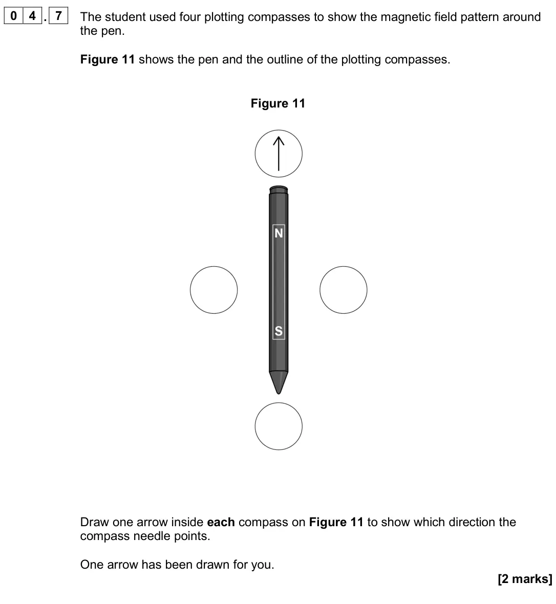 June 2025 Physics Paper 2 Foundation, question 04.7: The student used four plotting compasses to show the magnetic field pattern around the pen. Figure 11 shows the pen and the outline of the plotting compasses. F