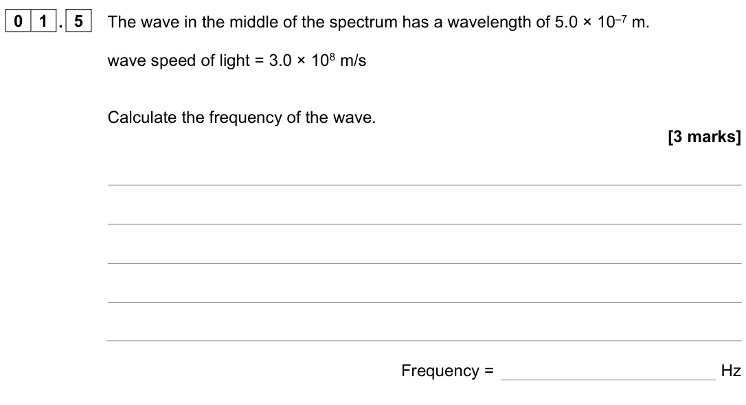 June 2023 Physics Paper 2 Higher, question 01.5: The wave in the middle of the spectrum has a wavelength of 5.0 × 10–7 m. wave speed of light = 3.0 × 108 m/s Calculate the frequency of the wave. [3 marks] Freq