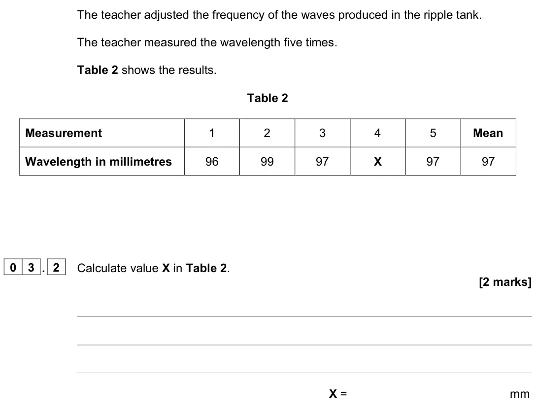 June 2023 Physics Paper 2 Higher, question 03.2: Calculate value X in Table 2. [2 marks] X = mm
