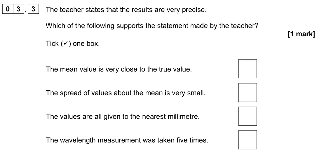 June 2023 Physics Paper 2 Higher, question 03.3: The teacher states that the results are very precise. Which of the following supports the statement made by the teacher? [1 mark] Tick () one box. The mean val
