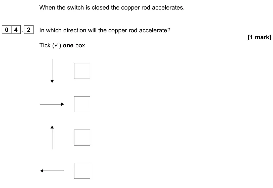 June 2023 Physics Paper 2 Higher, question 04.2: In which direction will the copper rod accelerate? [1 mark] Tick () one box.