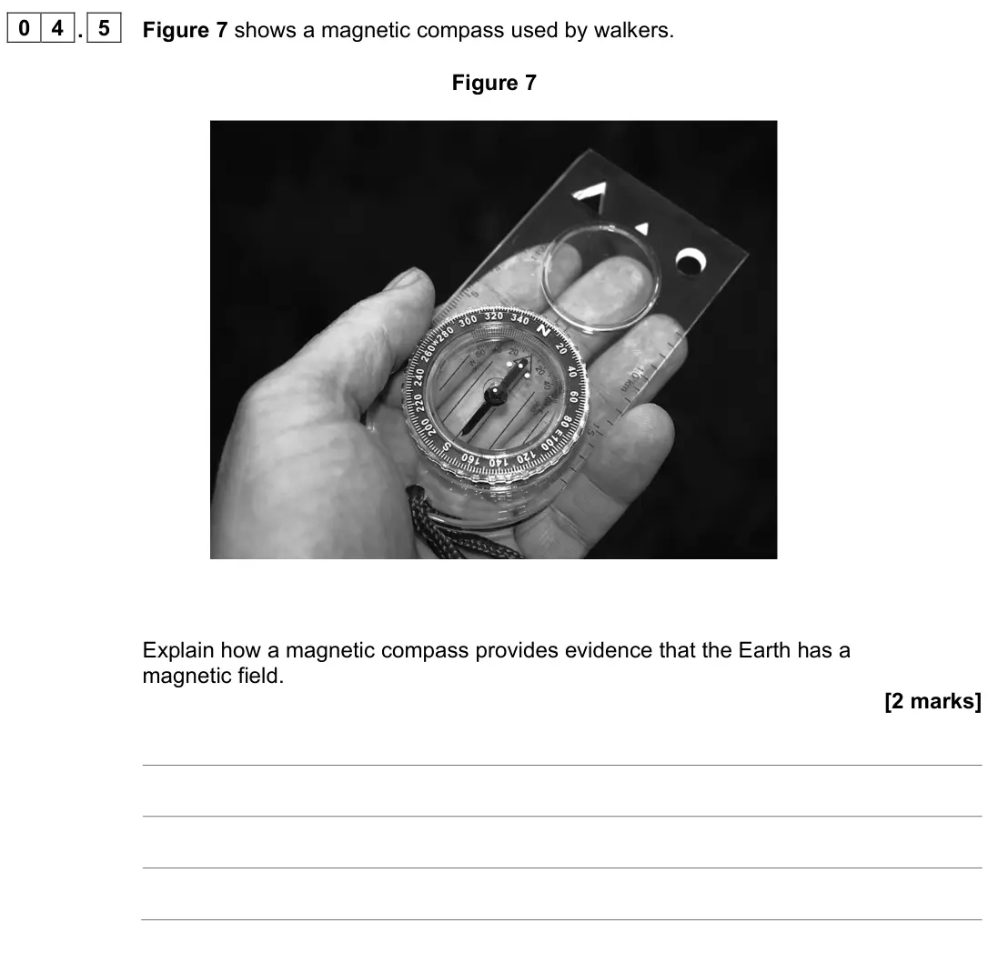 June 2023 Physics Paper 2 Higher, question 04.5: Figure 7 shows a magnetic compass used by walkers. Figure 7 Explain how a magnetic compass provides evidence that the Earth has a magnetic field. [2 marks]