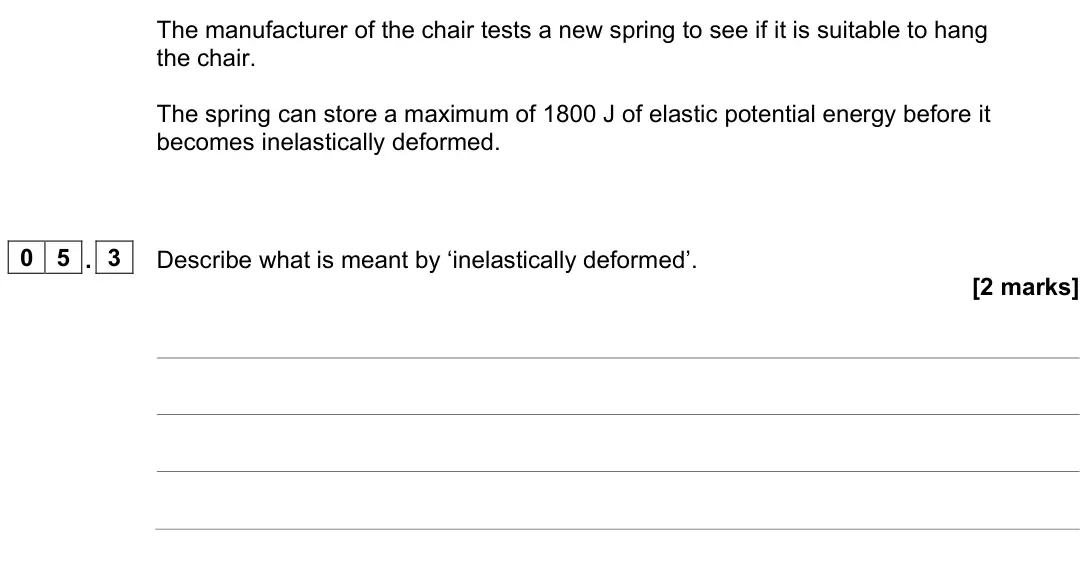 June 2023 Physics Paper 2 Higher, question 05.3: Describe what is meant by ‘inelastically deformed’. [2 marks]