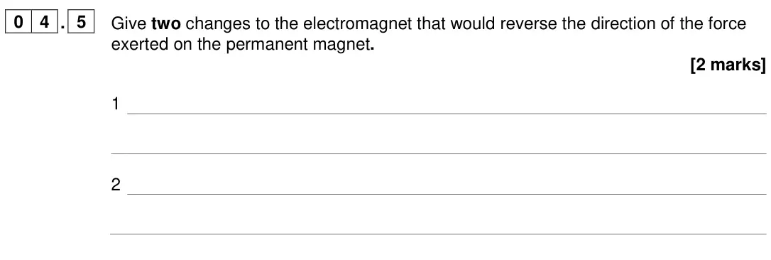 June 2024 Physics Paper 2 Higher, question 04.5: Give two changes to the electromagnet that would reverse the direction of the force exerted on the permanent magnet. [2 marks] 1 2
