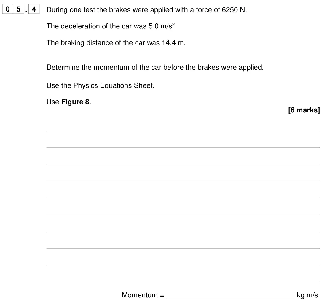 June 2024 Physics Paper 2 Higher, question 05.4: During one test the brakes were applied with a force of 6250 N. The deceleration of the car was 5.0 m/s2. The braking distance of the car was 14.4 m. Determine 