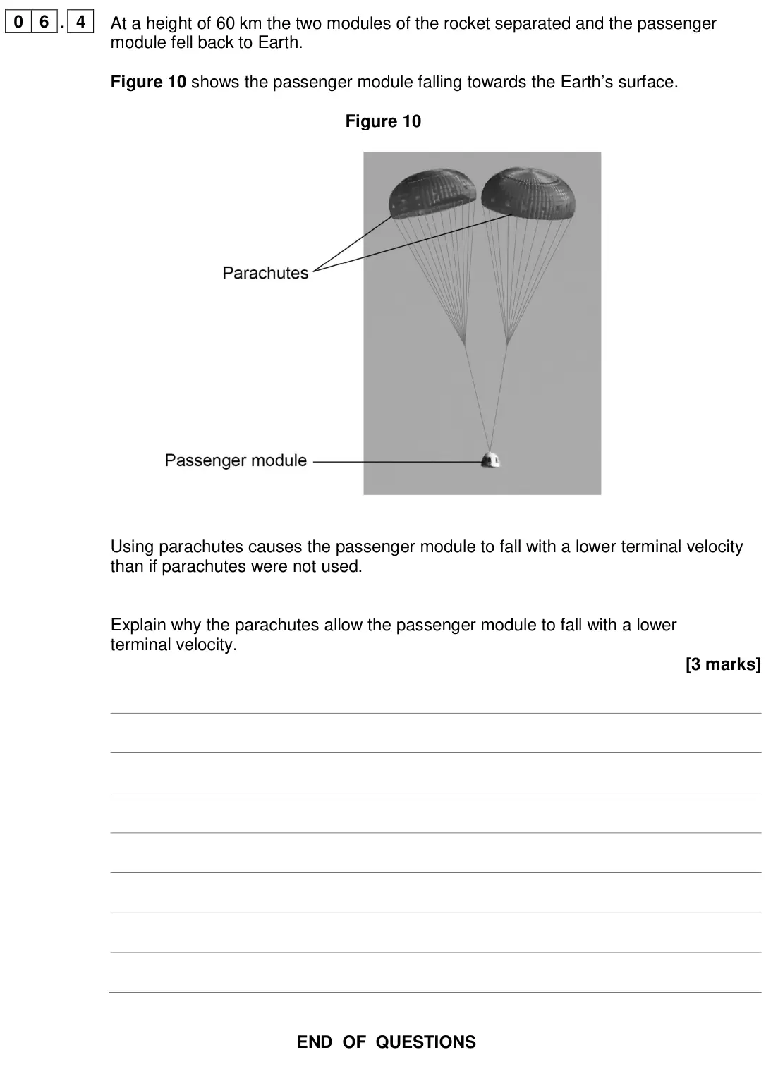 June 2024 Physics Paper 2 Higher, question 06.4: At a height of 60 km the two modules of the rocket separated and the passenger module fell back to Earth. Figure 10 shows the passenger module falling towards t
