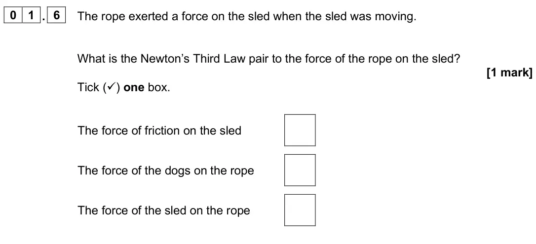 June 2025 Physics Paper 2 Higher, question 01.6: The rope exerted a force on the sled when the sled was moving. What is the Newton’s Third Law pair to the force of the rope on the sled? [1 mark] Tick () one b