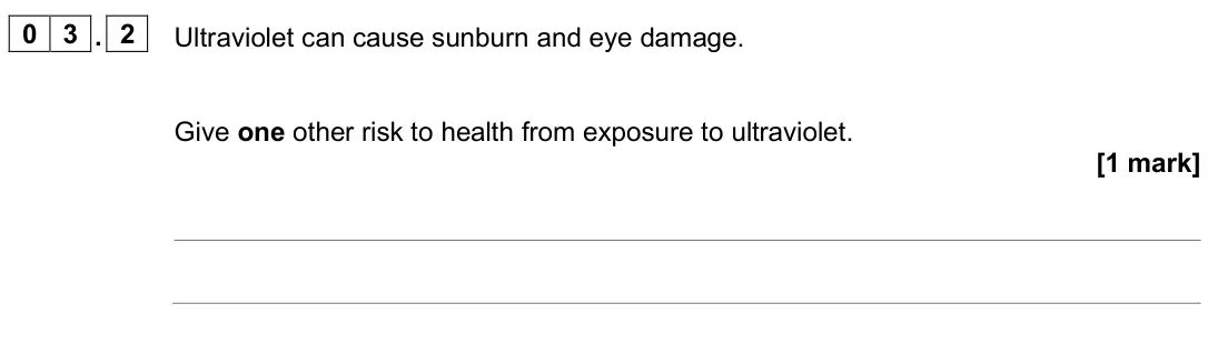June 2025 Physics Paper 2 Higher, question 03.2: Ultraviolet can cause sunburn and eye damage. Give one other risk to health from exposure to ultraviolet. [1 mark]