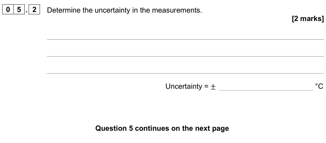 June 2025 Physics Paper 2 Higher, question 05.2: Determine the uncertainty in the measurements. [2 marks] Uncertainty = ± °C