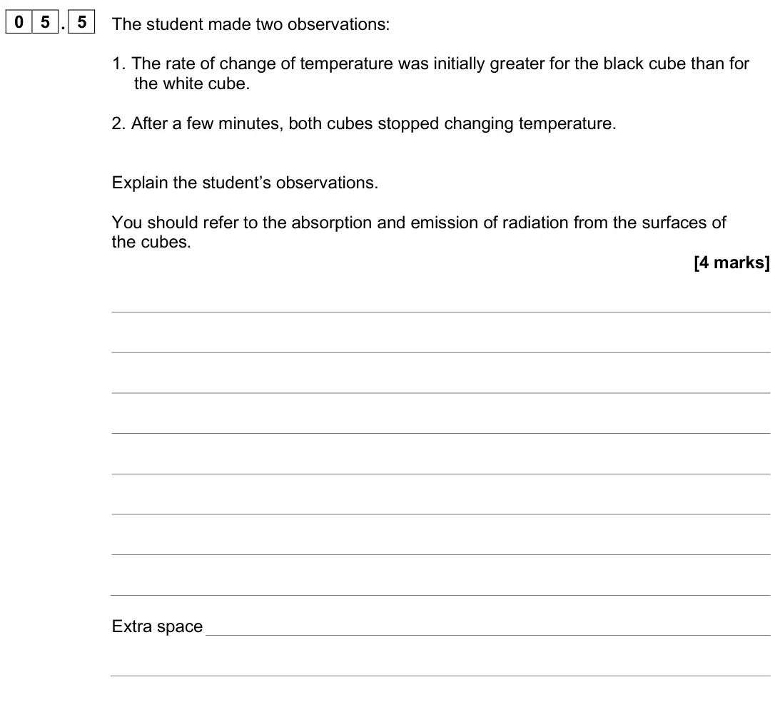 June 2025 Physics Paper 2 Higher, question 05.5: The student made two observations: 1. The rate of change of temperature was initially greater for the black cube than for the white cube. 2. After a few minutes