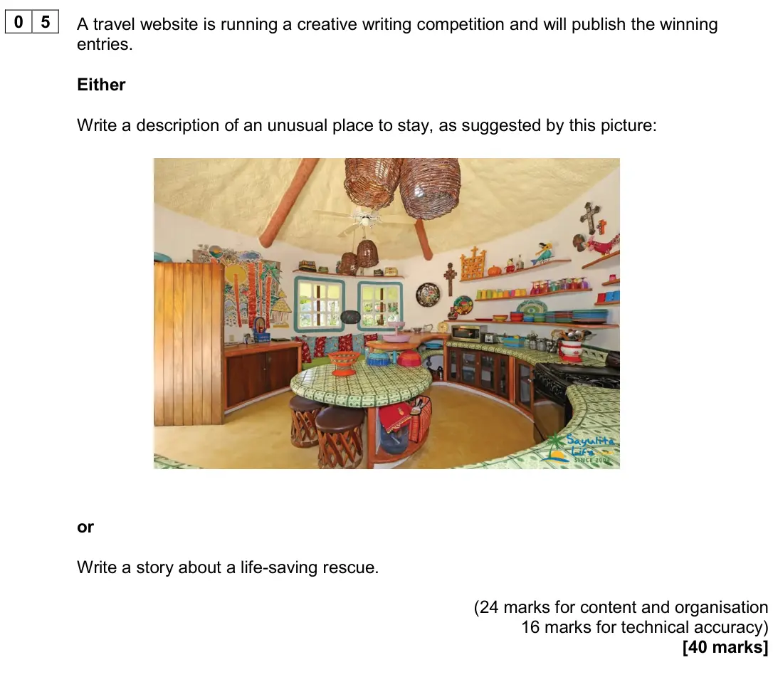 June 2022 Paper 1, question 05: A travel website is running a creative writing competition and will publish the winning entries. Either Write a description of an unusual place to stay, as sugg