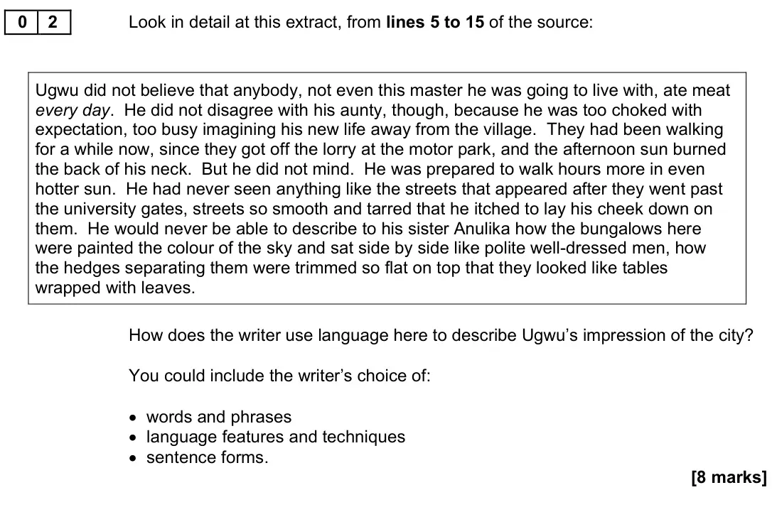 November 2021 Paper 1, question 02: Look in detail at this extract, from lines 5 to 15 of the source: Ugwu did not believe that anybody, not even this master he was going to live with, ate meat ev