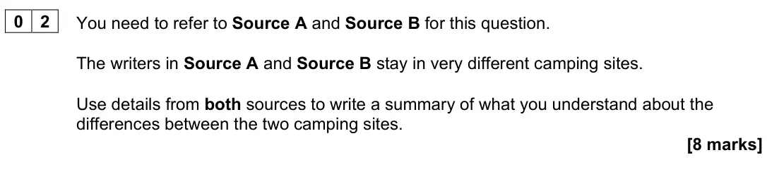 June 2022 Paper 2, question 02: You need to refer to Source A and Source B for this question. The writers in Source A and Source B stay in very different camping sites. Use details from both s