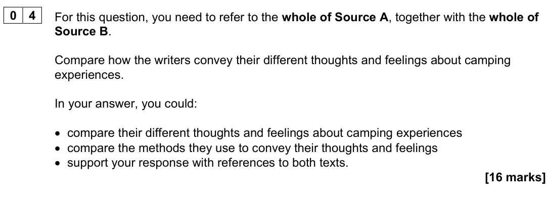 June 2022 Paper 2, question 04: For this question, you need to refer to the whole of Source A, together with the whole of Source B. Compare how the writers convey their different thoughts and 