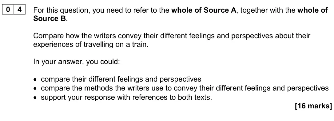 June 2023 Paper 2, question 04: For this question, you need to refer to the whole of Source A, together with the whole of Source B. Compare how the writers convey their different feelings and 