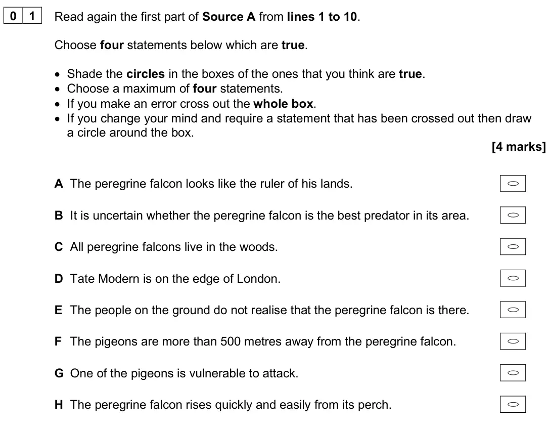 June 2025 Paper 2, question 01: Read again the first part of Source A from lines 1 to 10. Choose four statements below which are true. • Shade the circles in the boxes of the ones that you thi