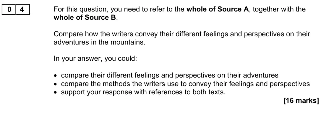 November 2020 Paper 2, question 04: For this question, you need to refer to the whole of Source A, together with the whole of Source B. Compare how the writers convey their different feelings and 