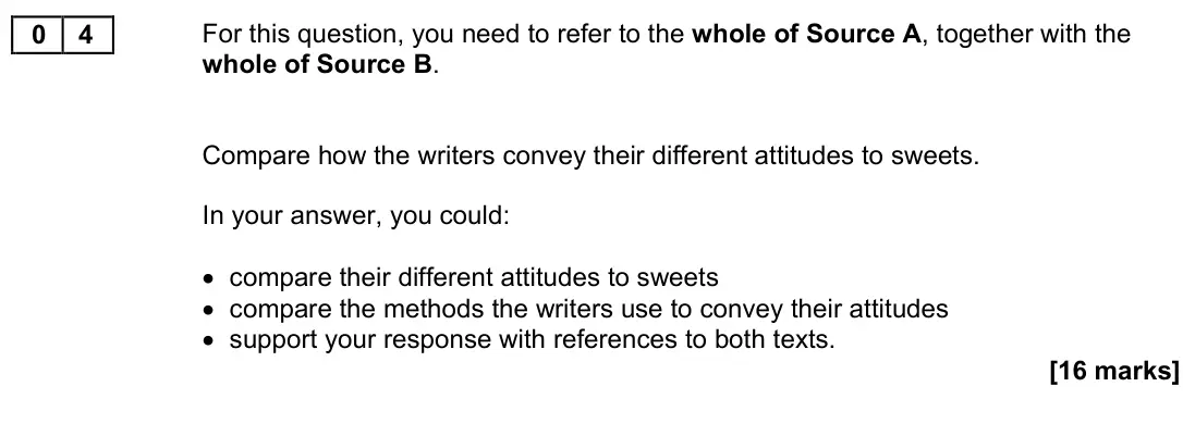 November 2021 Paper 2, question 04: For this question, you need to refer to the whole of Source A, together with the whole of Source B. Compare how the writers convey their different attitudes to 