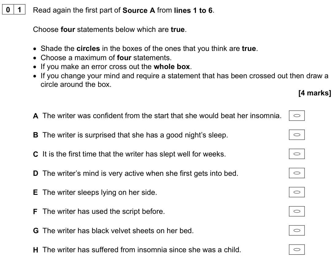 November 2022 Paper 2, question 01: Read again the first part of Source A from lines 1 to 6. Choose four statements below which are true. • Shade the circles in the boxes of the ones that you thin