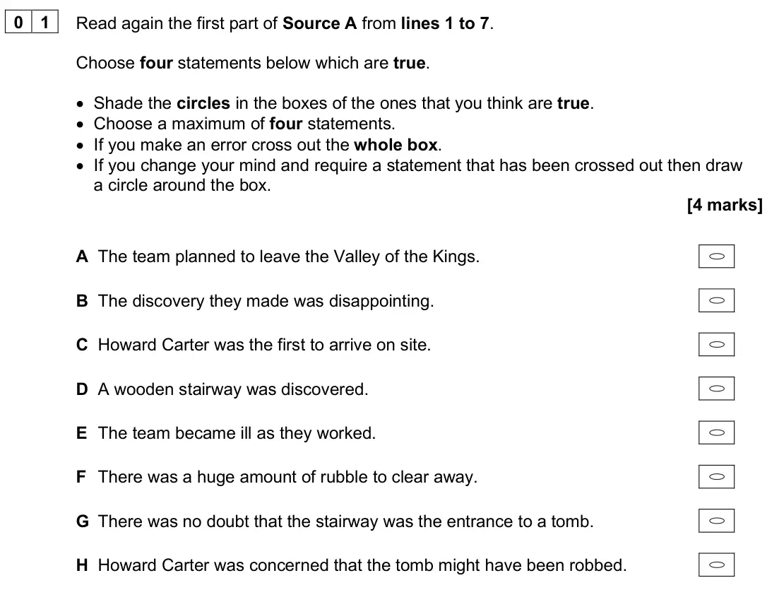 November 2024 Paper 2, question 01: Read again the first part of Source A from lines 1 to 7. Choose four statements below which are true. • Shade the circles in the boxes of the ones that you thin