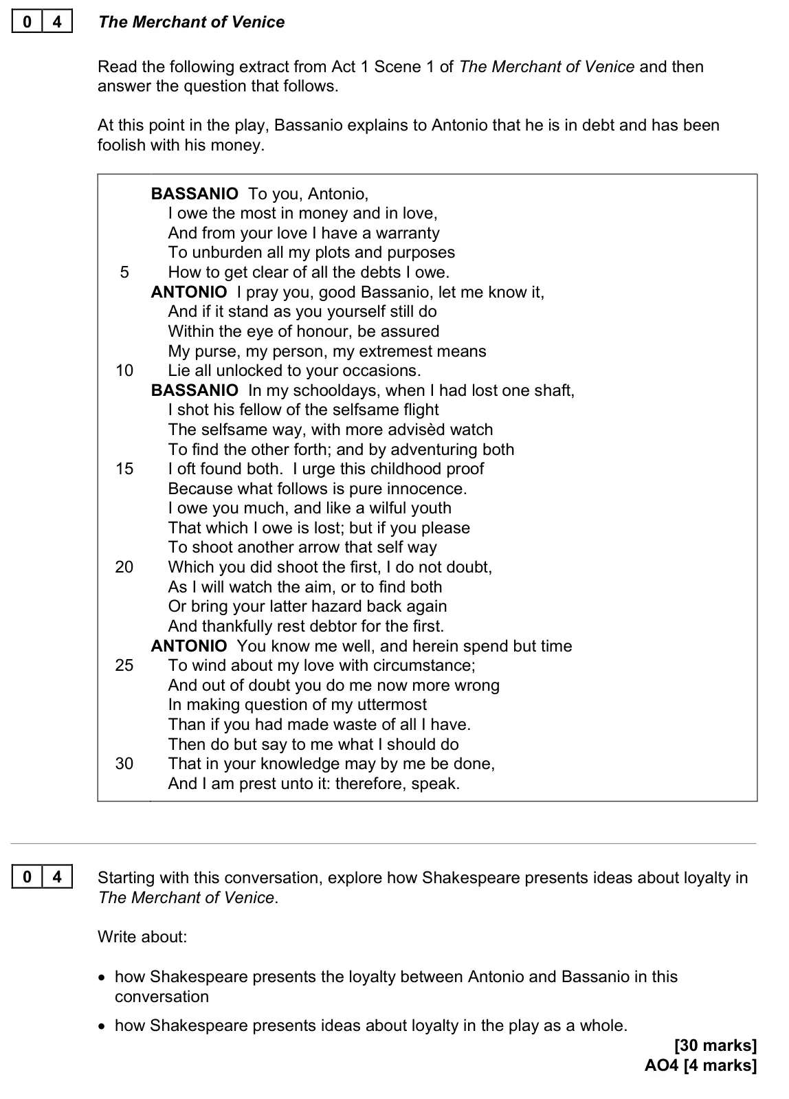 June 2023 Paper 1, question 04: Starting with this conversation, explore how Shakespeare presents ideas about loyalty in The Merchant of Venice. Write about: • how Shakespeare presents the loy
