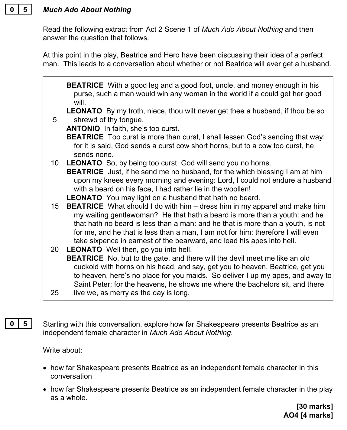 June 2023 Paper 1, question 05: Starting with this conversation, explore how far Shakespeare presents Beatrice as an independent female character in Much Ado About Nothing. Write about: • how