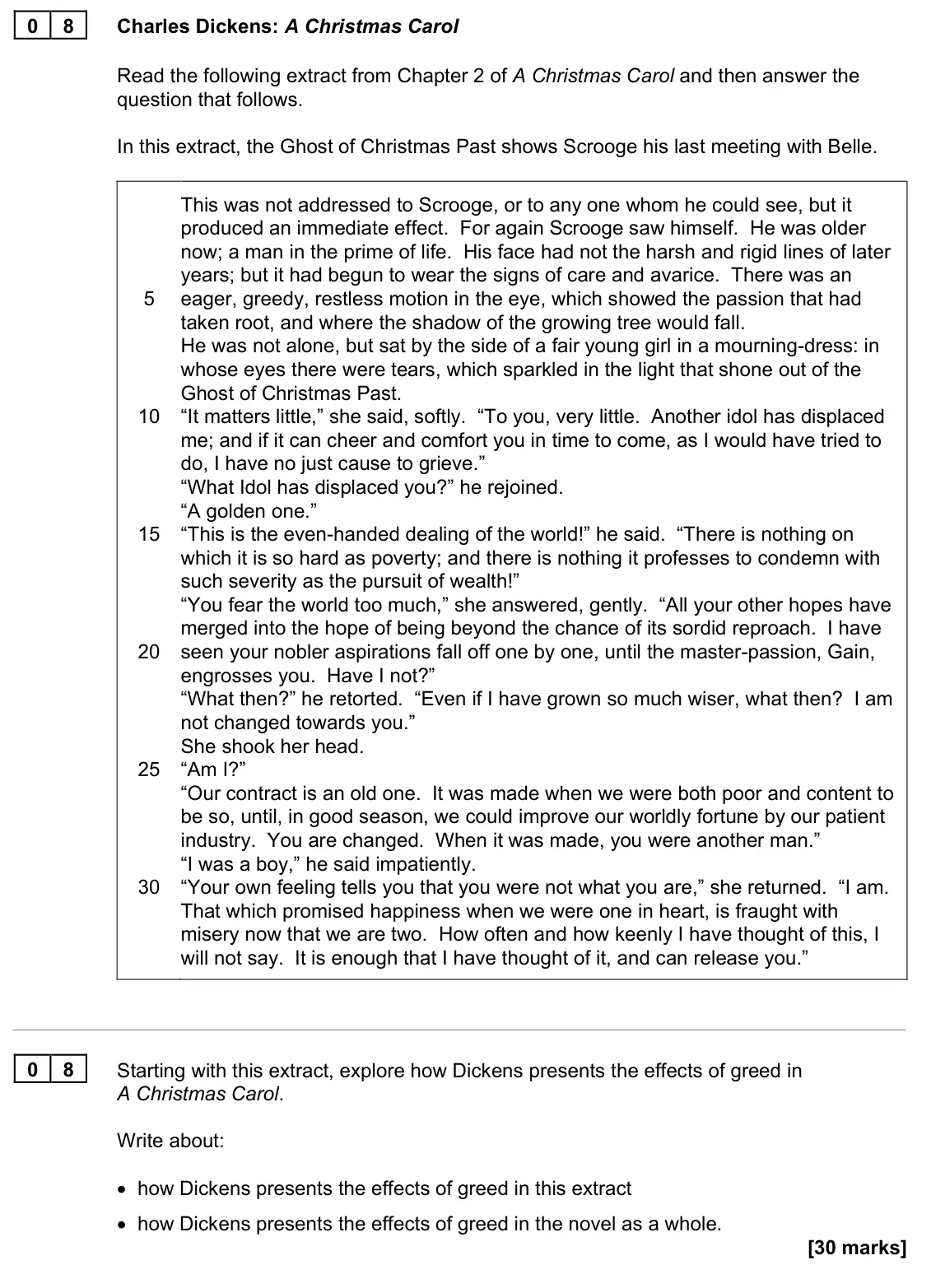 June 2023 Paper 1, question 08: Starting with this extract, explore how Dickens presents the effects of greed in A Christmas Carol. Write about: • how Dickens presents the effects of greed in 