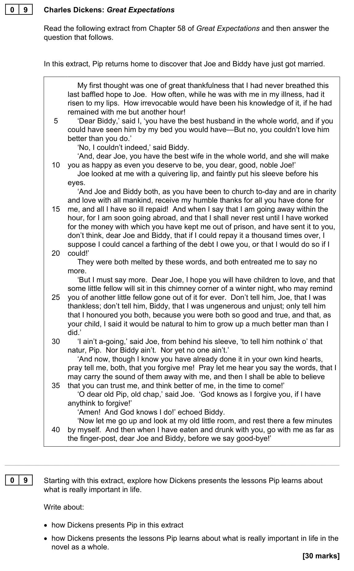 June 2023 Paper 1, question 09: Starting with this extract, explore how Dickens presents the lessons Pip learns about what is really important in life. Write about: • how Dickens presents Pip 