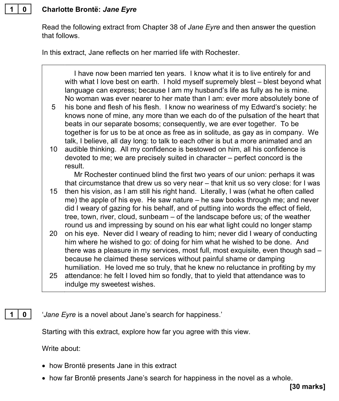 June 2023 Paper 1, question 10: ‘Jane Eyre is a novel about Jane’s search for happiness.’ Starting with this extract, explore how far you agree with this view. Write about: • how Brontë presen