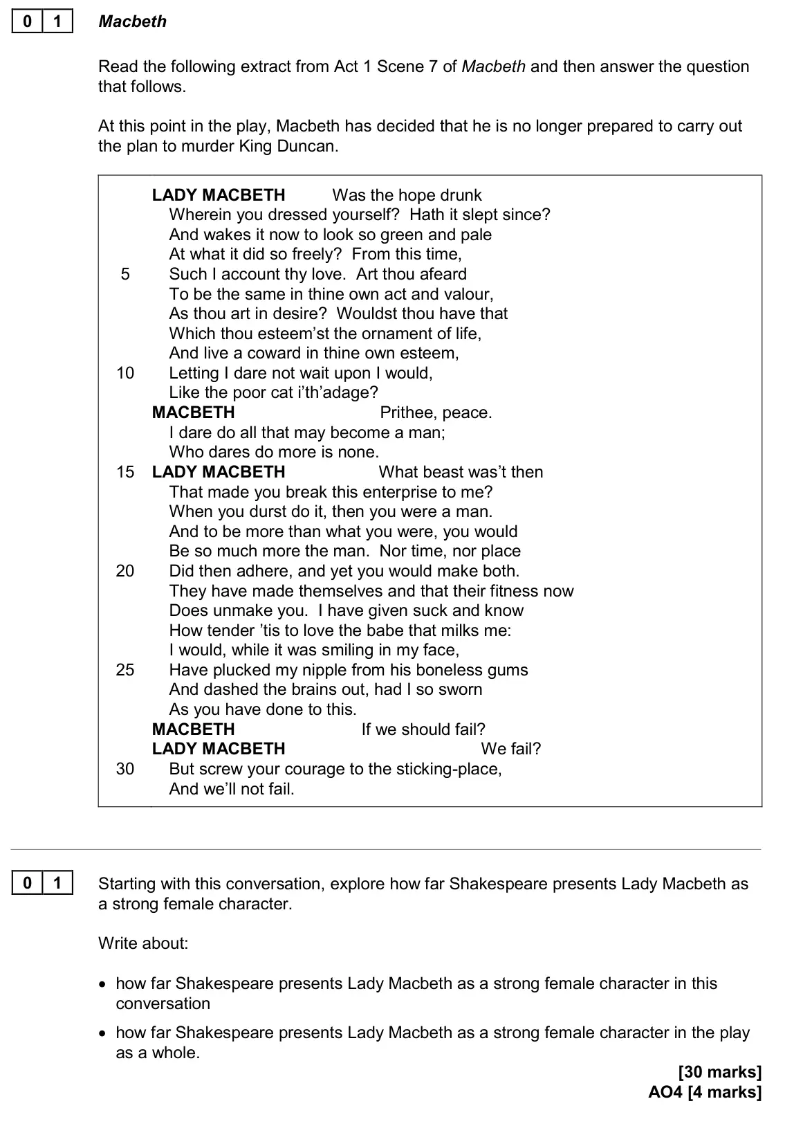June 2024 Paper 1, question 01: Starting with this conversation, explore how far Shakespeare presents Lady Macbeth as a strong female character. Write about: • how far Shakespeare presents Lad