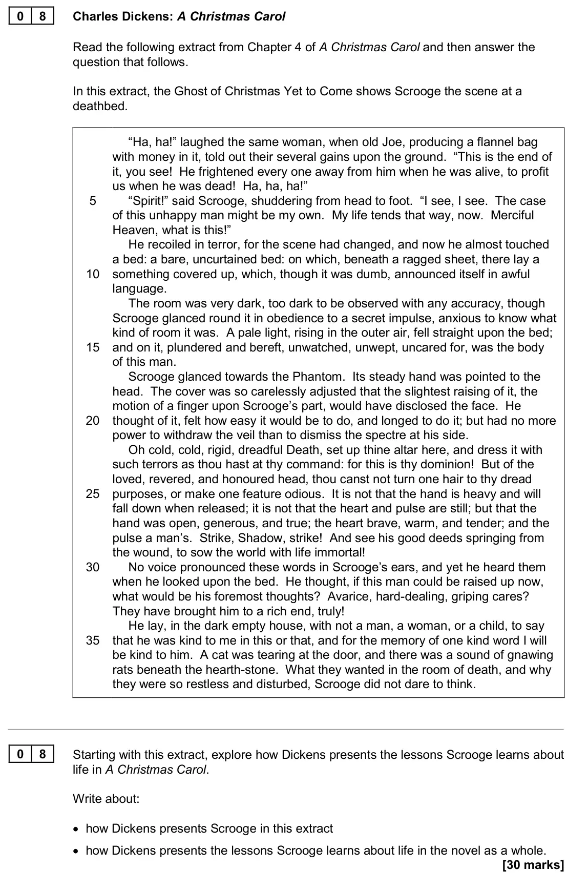 June 2024 Paper 1, question 08: Starting with this extract, explore how Dickens presents the lessons Scrooge learns about life in A Christmas Carol. Write about: • how Dickens presents Scrooge
